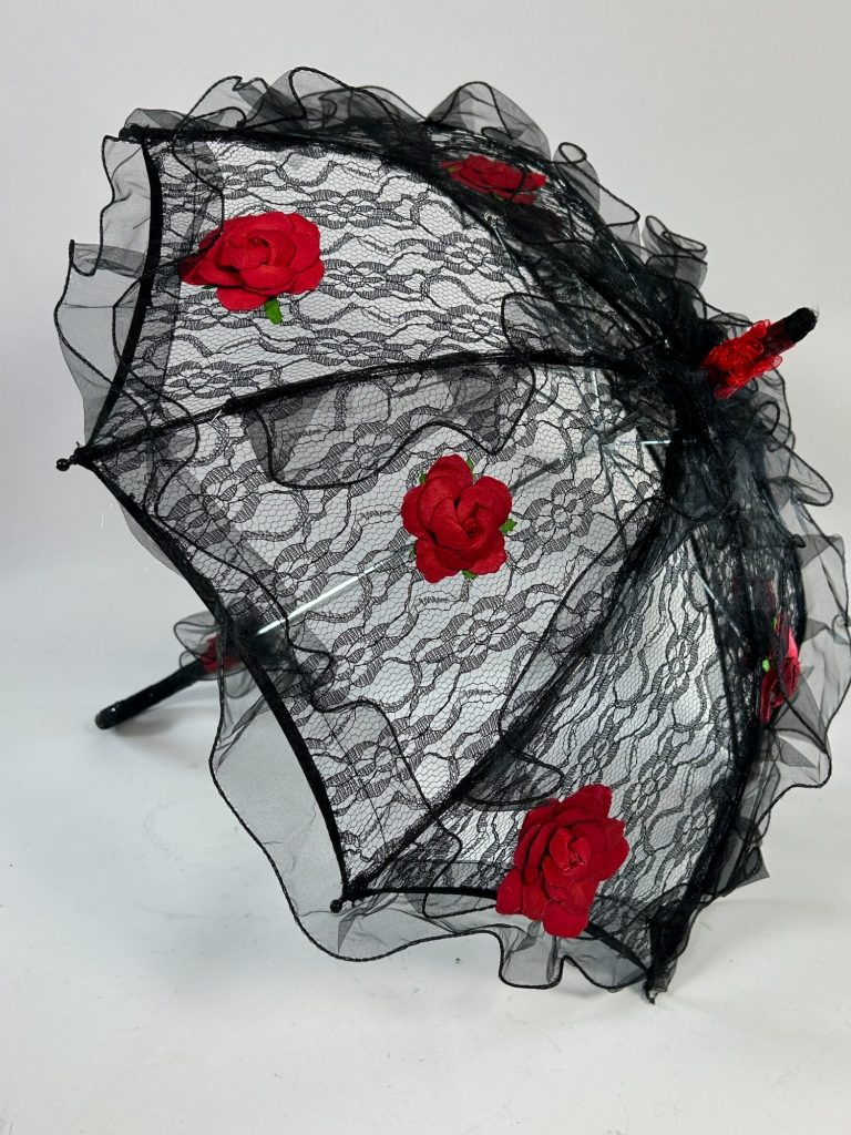 Goth Umbrella A black lace umbrella accented with red roses.