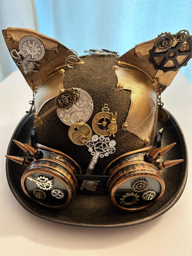 Steampunk Hat A brown bolo hat decorated in steampunk style with goggles and other steampunk themed items.
